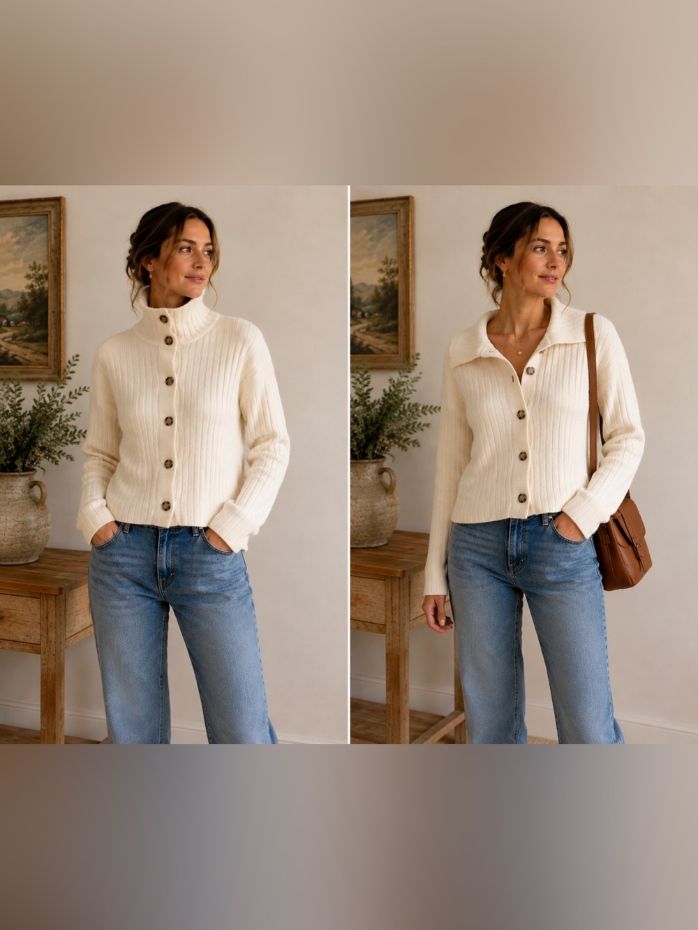 Madewell Funnel Neck Cardigan Cream Ribbed Knit Cottagecore Quiet Luxury S